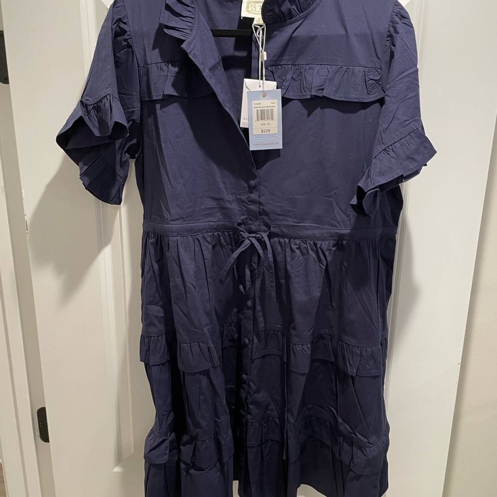 Tiered Ruffle Navy Dress with Tie Waist